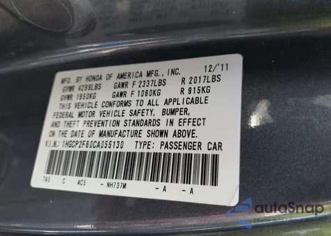 2012 Honda Accord 2.4 Se from USA, damaged, VIN 1HGCP2F60CA055130